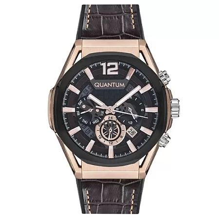 ΡΟΛΟΙ QUANTUM  PWG970.852 QUANTUM Dual Time Brown Leather Strap