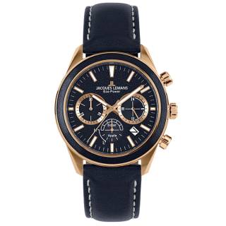 Ρολόι Jacques LEMANS 1-2115E Jacques LEMANS Eco Power Solar Chronograph Blue AppleSkin Leather Strap