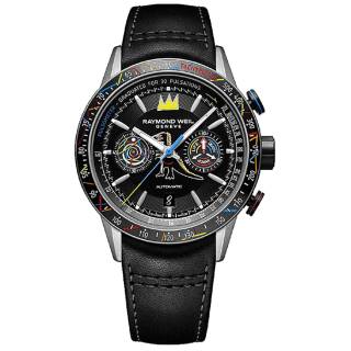 Ρολόι RAYMOND  7780-TIC-JMB01 RAYMOND WEIL x Basquiat Bi-Compax Automatic Chronograph Black Leather Strap Special Edition