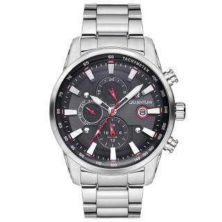 ΡΟΛΟΙ QUANTUM  ADG679.350 QUANTUM Gents Dual Time Silver Stainless Steel Bracelet