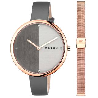 ΡΟΛΟΙ ELIXA E106-L616-K1 ELIXA Beauty Crystals Grey Leather Strap Gift Set