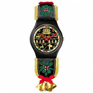 ΡΟΛΟΙ SWATCH  SO28B115 SWATCH Holiday collection Golden Merry Black Leather Strap