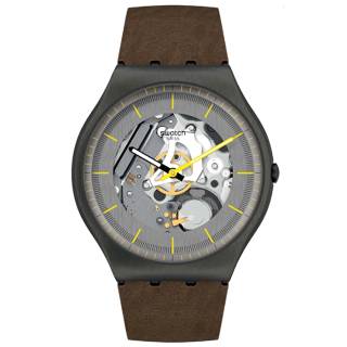 ΡΟΛΟΙ SWATCH SS07M103 SWATCH Skin Irony Silver Skeleton Brown Leather Strap