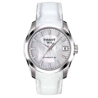 ΡΟΛΟΙ TISSOT T0352071611600  TISSOT T-Classic Couturier Powermatic 80 Diamonds White Leather Strap