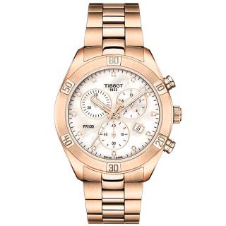 ΡΟΛΟΙ TISSOT T1019173311600 TISSOT PR 100 Sport Chic Chronograph Diamonds Rose Gold Stainless Steel Bracelet